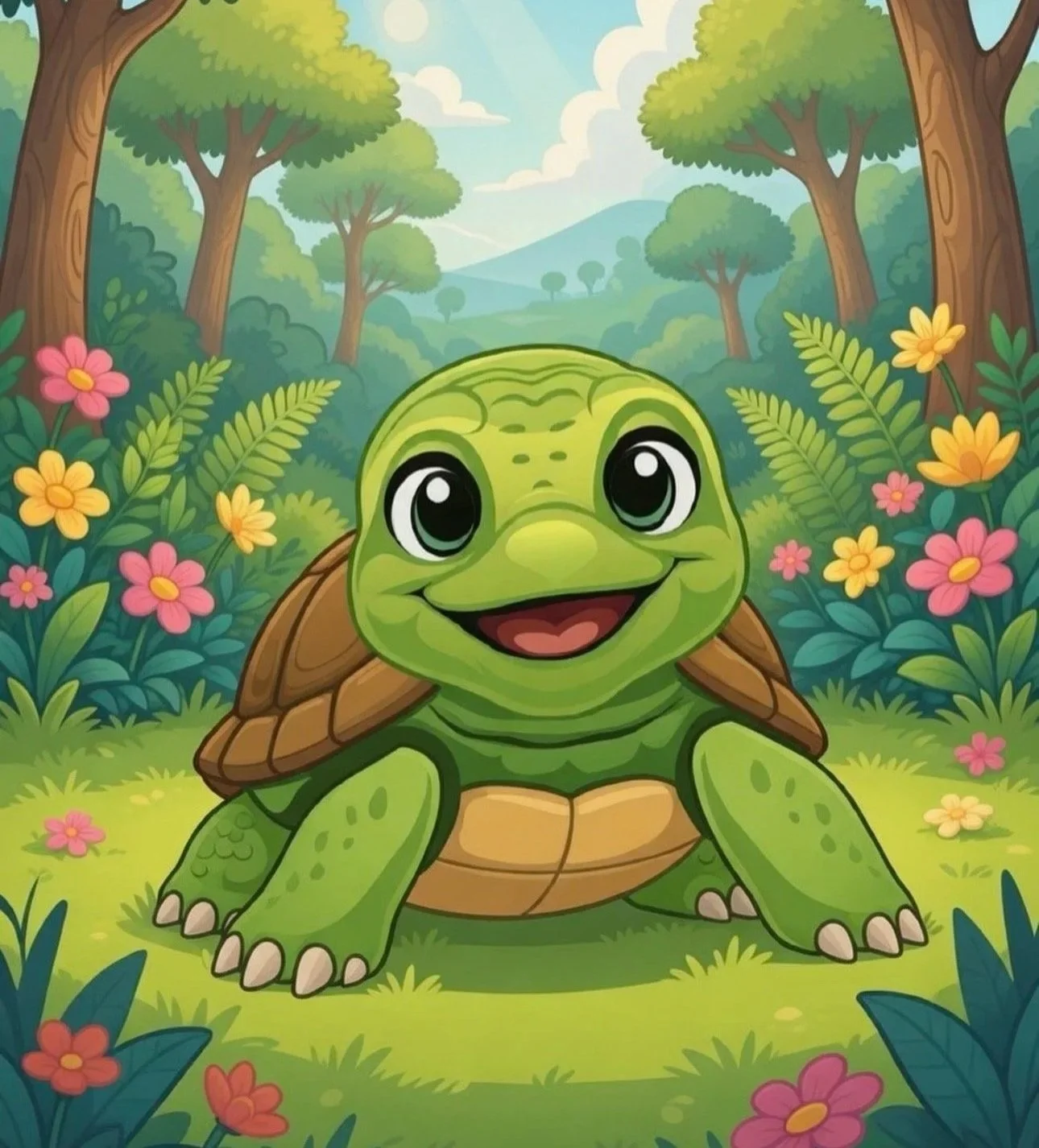 A cartoon image of a happy turtle with large eyes, smiling, in a lush green forest with colorful flowers and trees.