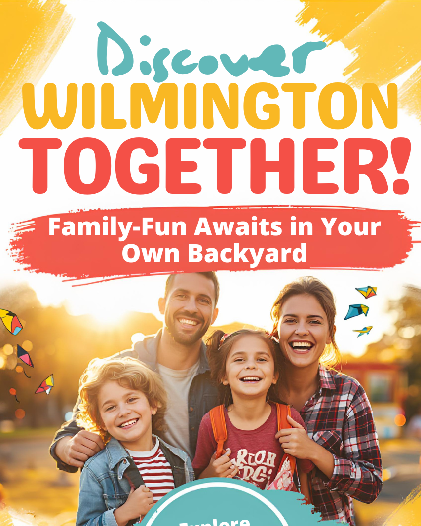 A cheerful family of four smiling outdoors during sunset, with colorful paper airplanes flying around, promoting family fun activities in Wilmington's backyard.