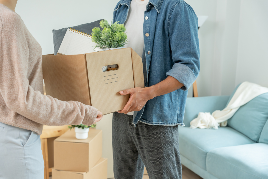 Two people exchanging a cardboard box with houseplants, a notebook, and documents inside in a living room.