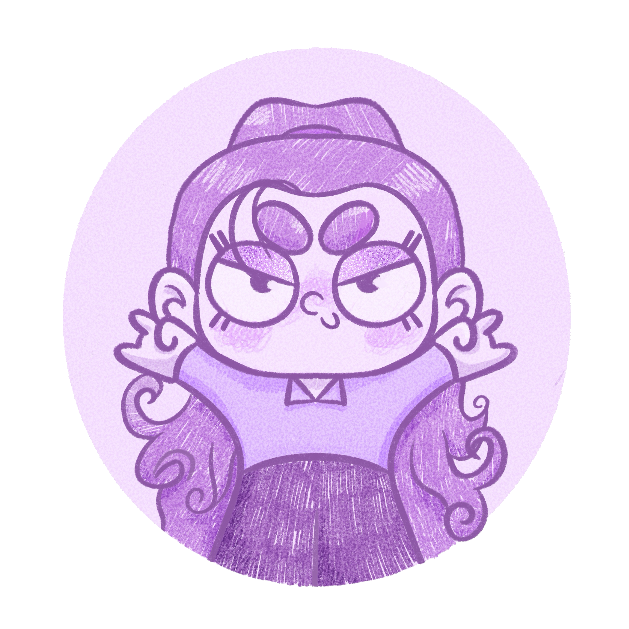 Dibujo en estilo chibi de una niña con cabello rizado y largo, sosteniendo las manos con los dedos extendidos, con expresión de determinación, en tonos morados.