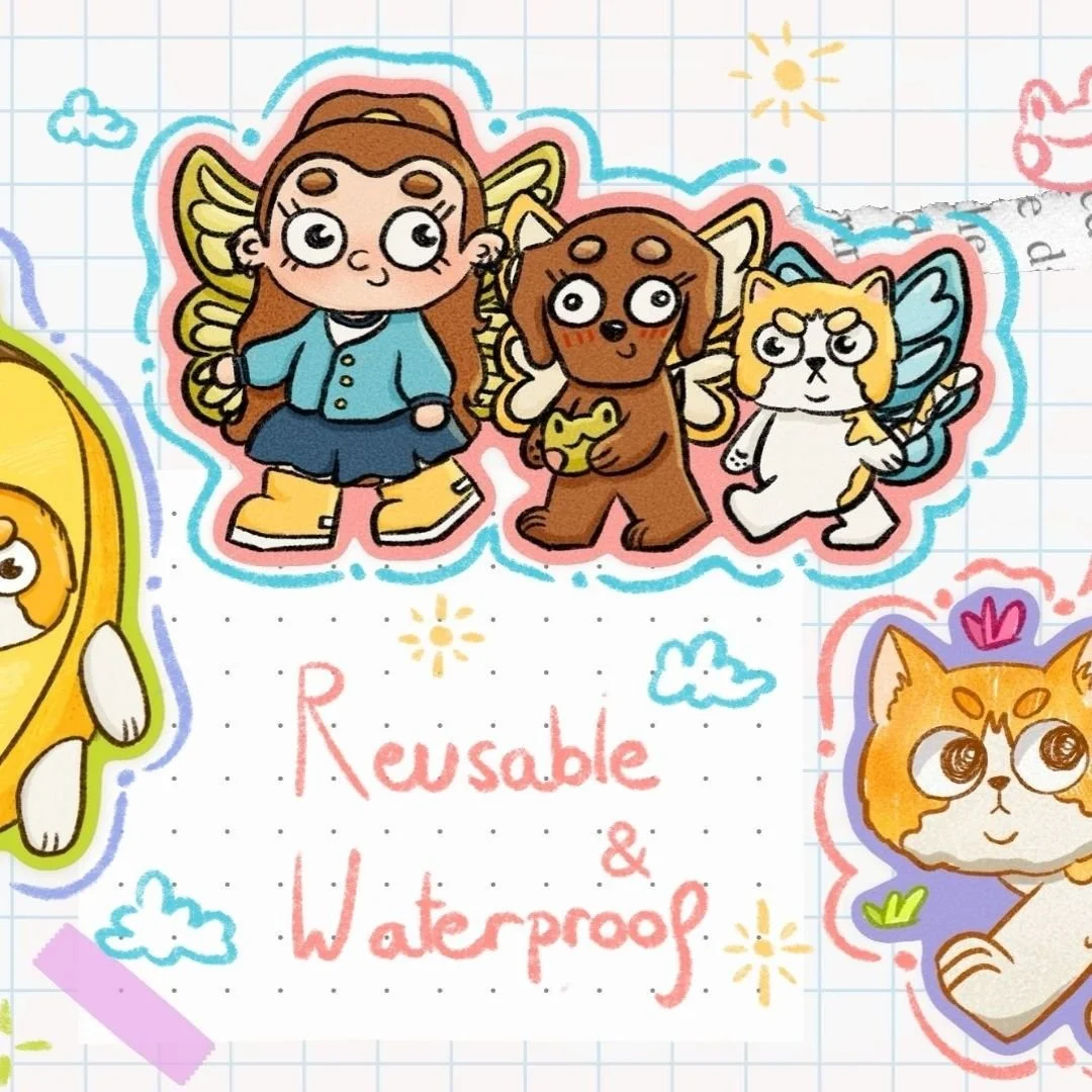 Ilustración de personajes de animales con alas y un humano en estilo de dibujo infantil, acompañada del texto 'Reusabe & Waterproof' en un fondo de cuadrícula.