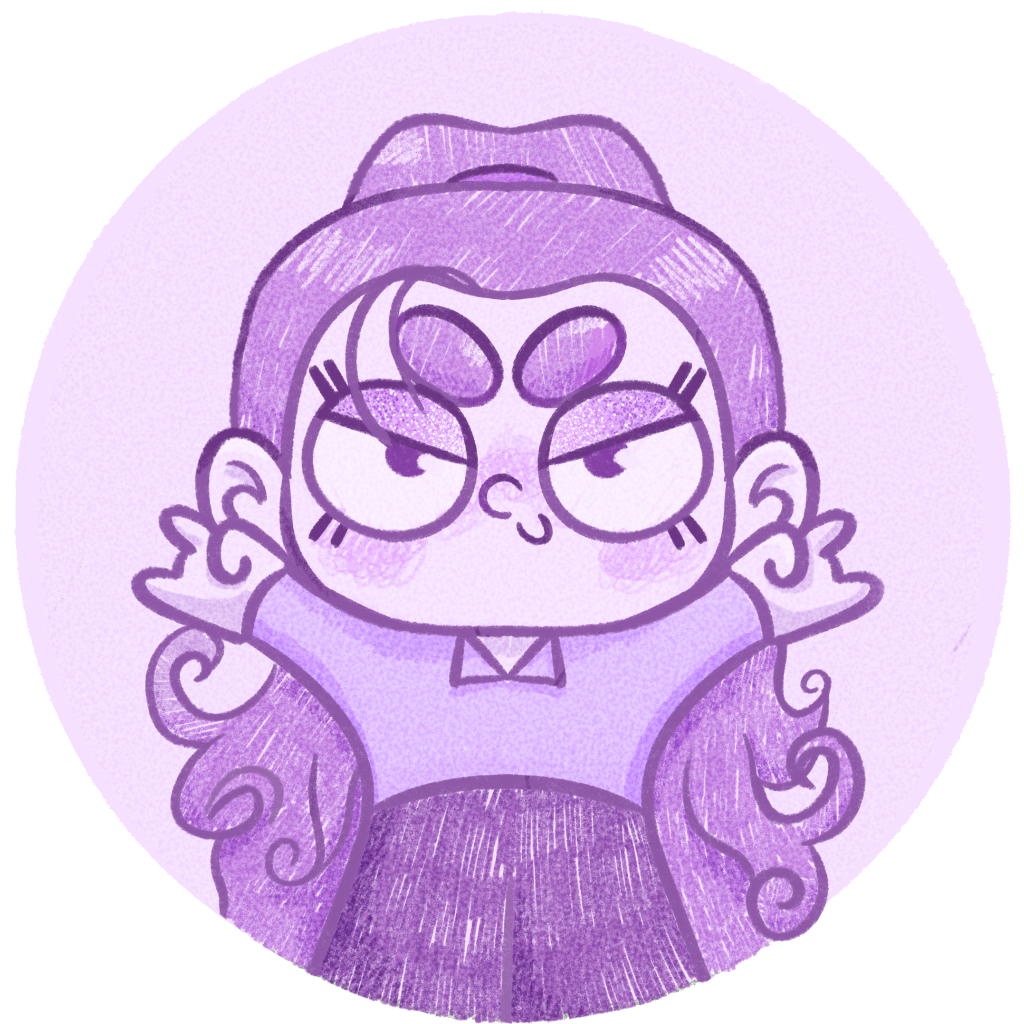 Dibujo en estilo chibi de una niña con cabello rizado y largo, sosteniendo las manos con los dedos extendidos, con expresión de determinación, en tonos morados.