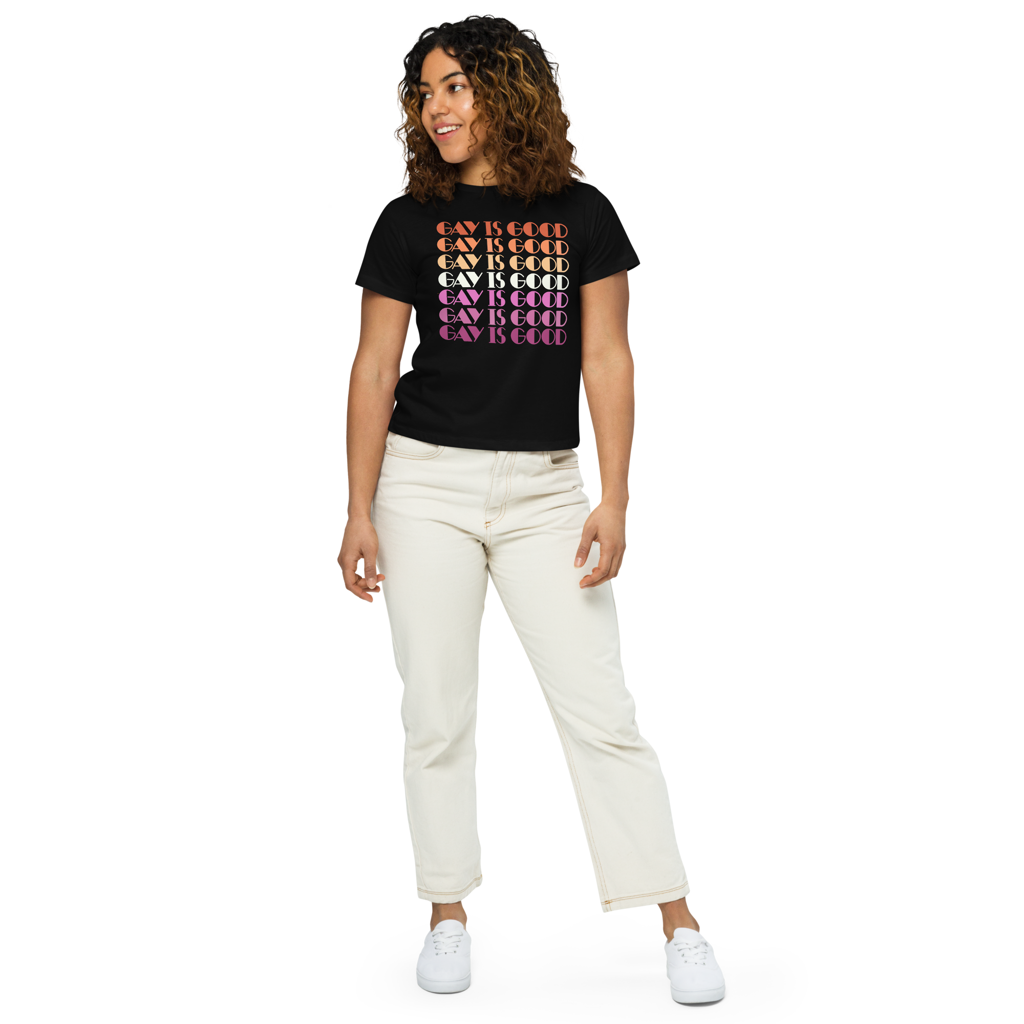 Detail of Gay Is Good sapphic pride graphic in pink, orange, and white colorway on women's tee