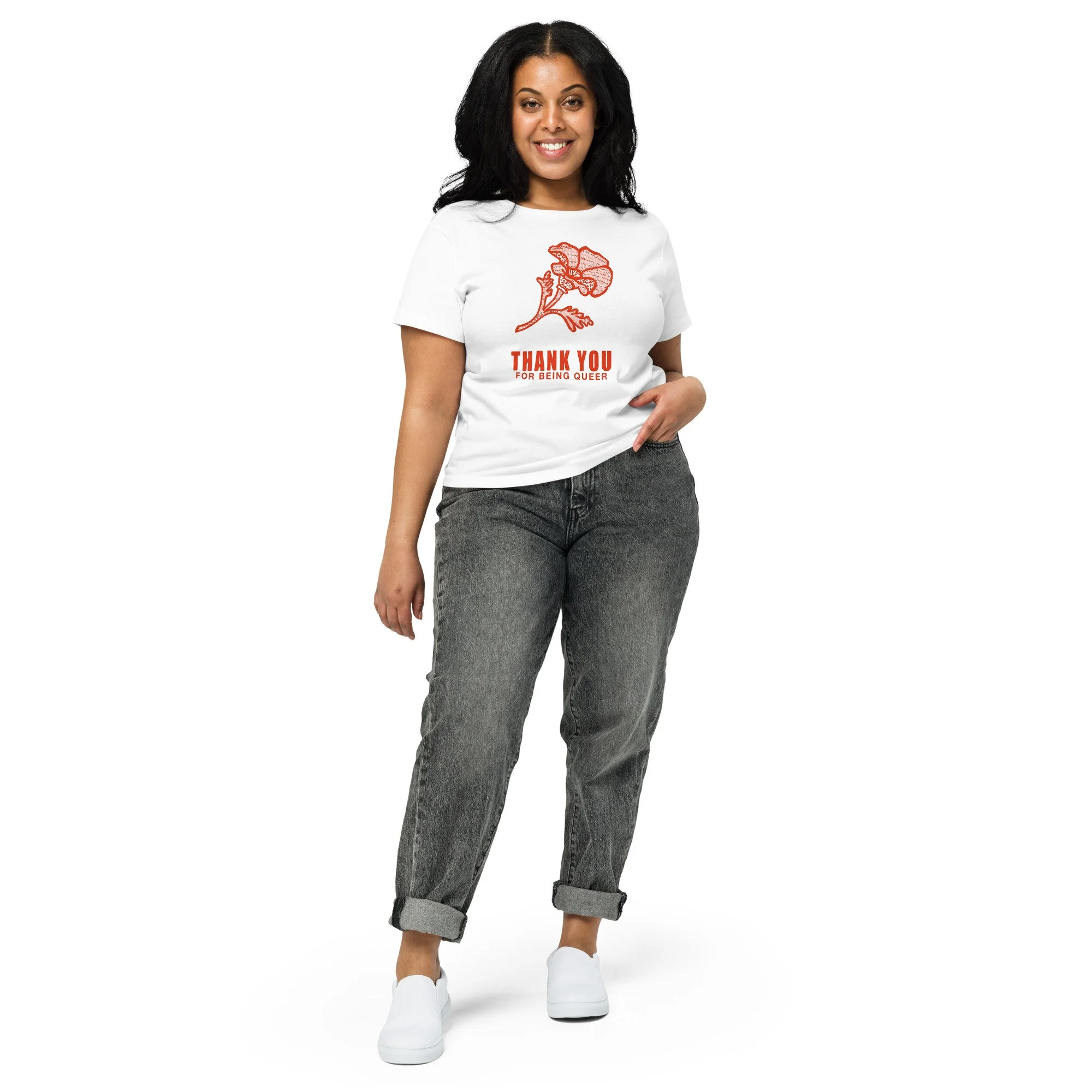 Side view of women's white cropped high-waisted t-shirt with queer pride floral print