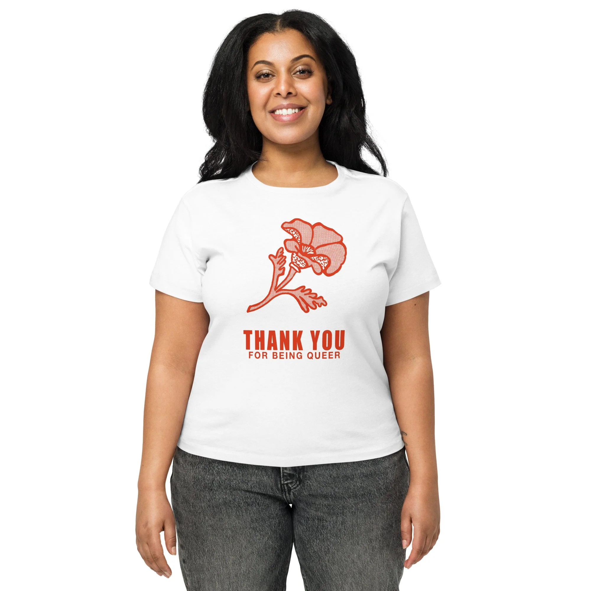Close-up of Thank You for Being Queer graphic on white fitted women's tee, red poppy floral design One Baddie Apple