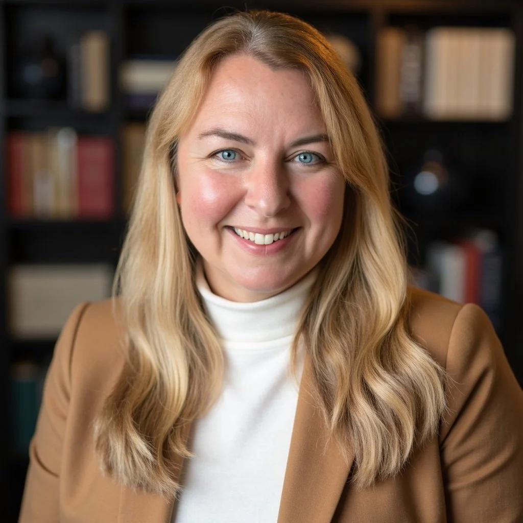 A woman with long blonde hair, blue eyes, and light skin, wearing a beige blazer and white turtleneck, smiling in front of a blurred bookshelf background. Attorney Jane Peachy