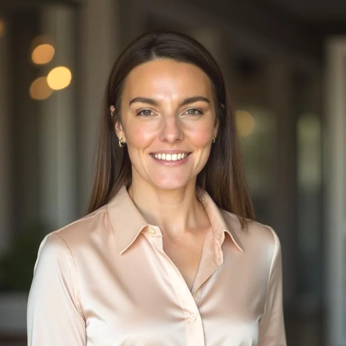 A young woman with long brown hair, wearing a light pink satin blouse, smiling indoors.