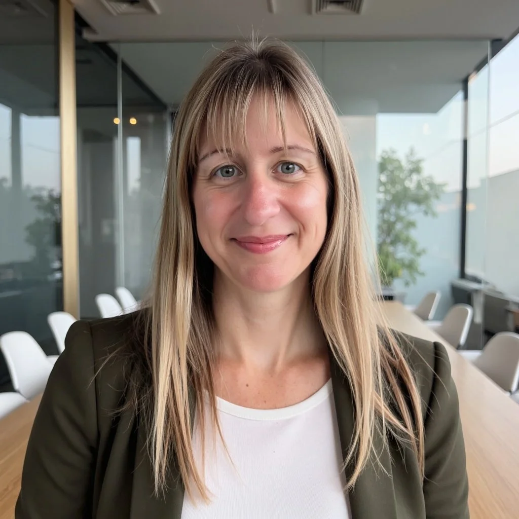 A woman with blonde hair and blue eyes smiling in a modern conference room with large windows, white chairs, and indoor plants. Attorney Jennifer Sunderland