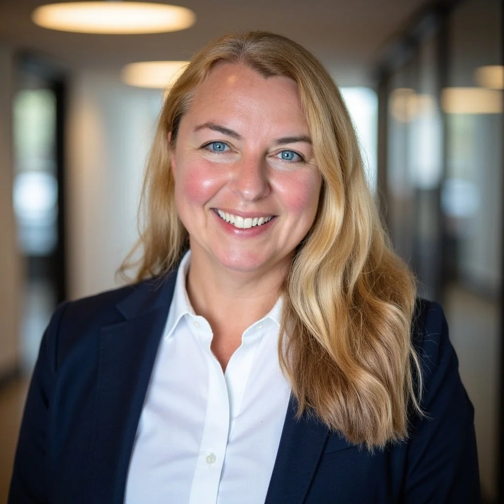 A smiling woman with blonde hair and blue eyes wearing a navy blazer and white shirt, criminal defense attorney. Attorney Jane Peachy