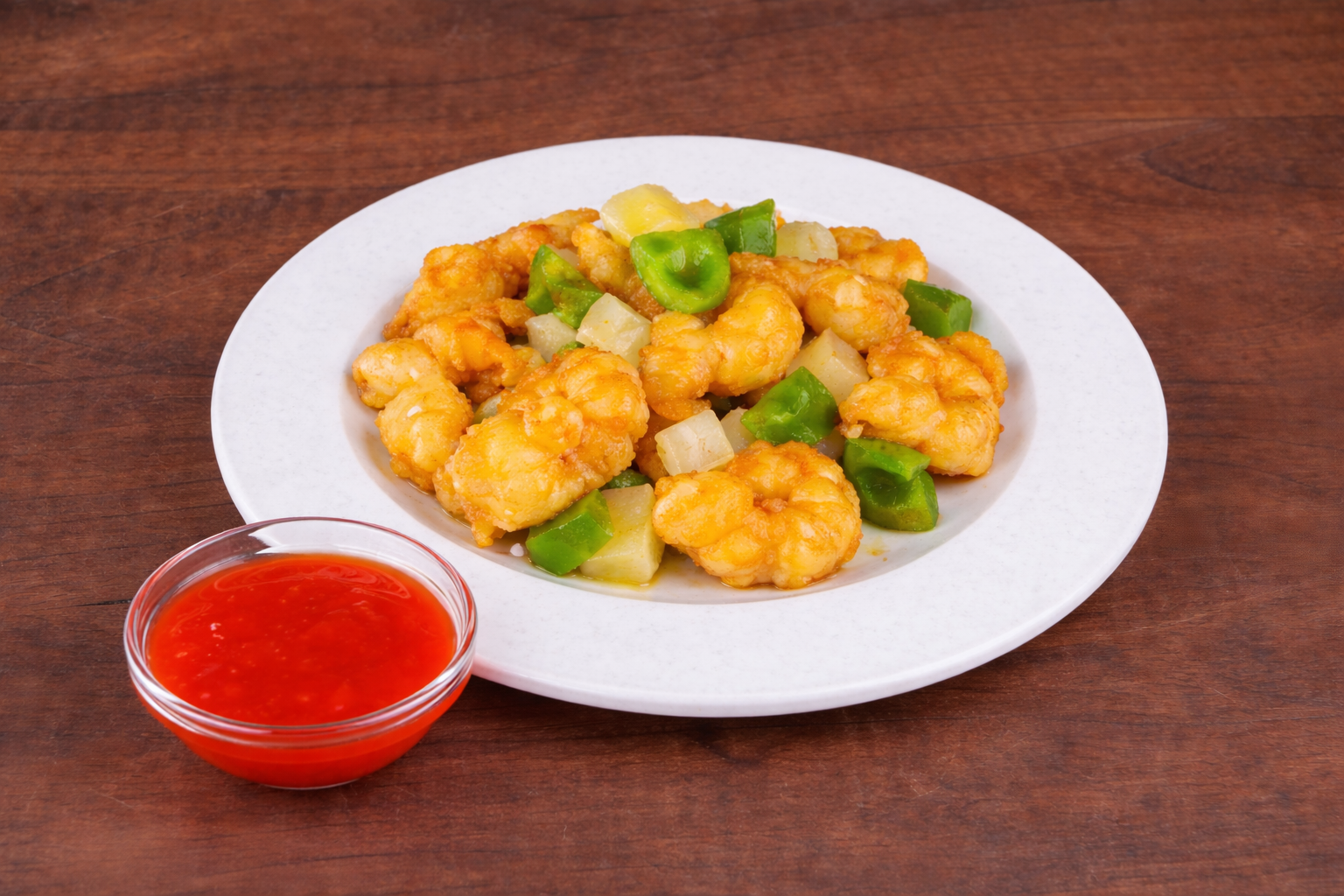 A white plate with fried shrimp, green bell peppers, and chopped onions, accompanied by a small bowl of red dipping sauce on a wooden table.