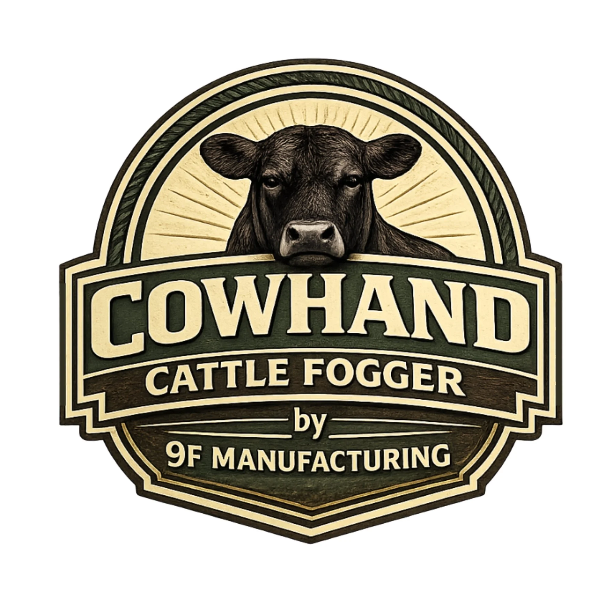 Logo featuring a cow's face at the top, with text that reads 'COWHAND CATTLE FOGGER by 9F MANUFACTURING' on a shield-shaped background.