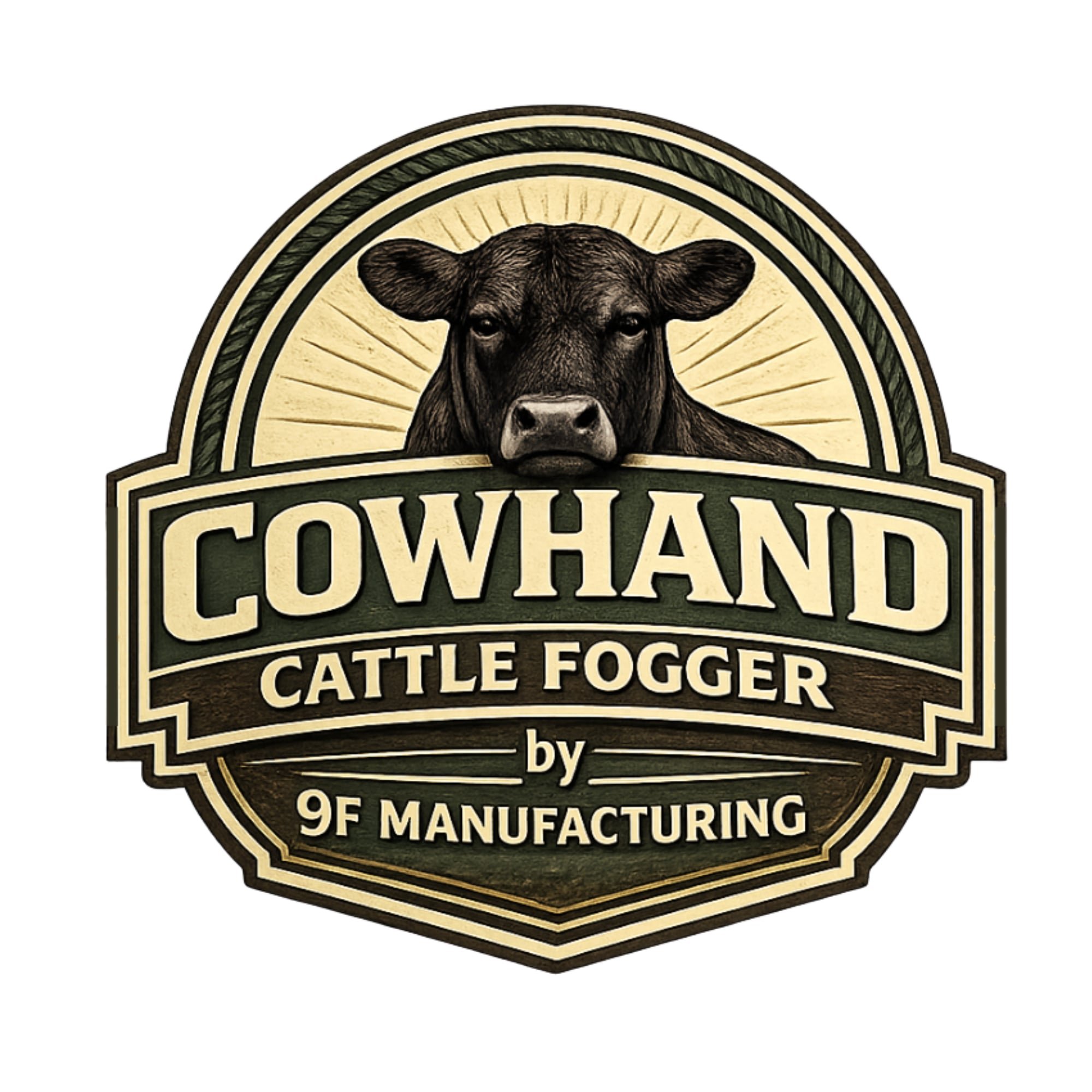 Logo with a cow's head and text reading "Cowhand Cattle Flogger by 9F Manufacturing."