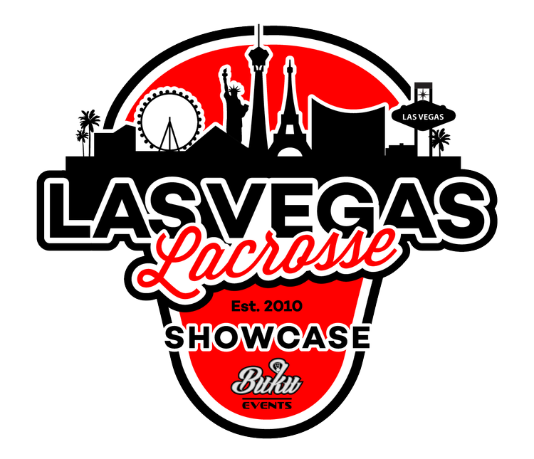 Las Vegas Lacrosse Showcase logo featuring city skyline, blend of iconic landmarks, with bold text 'Las Vegas Lacrosse Showcase', established 2010, presented by Buku Events.