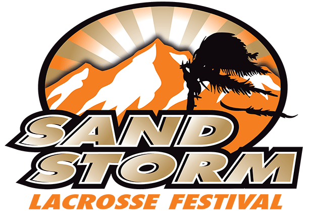 Logo with mountain, wind-blown tree, and sun rays, reading 'Sand Storm Lacrosse Festival'.