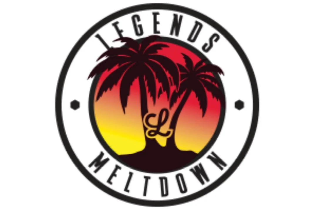 A circular logo featuring silhouettes of two palm trees against a yellow to red gradient background, with the words 'Legends in the Midwest' surrounding the trees and a stylized 'L' at the center.
