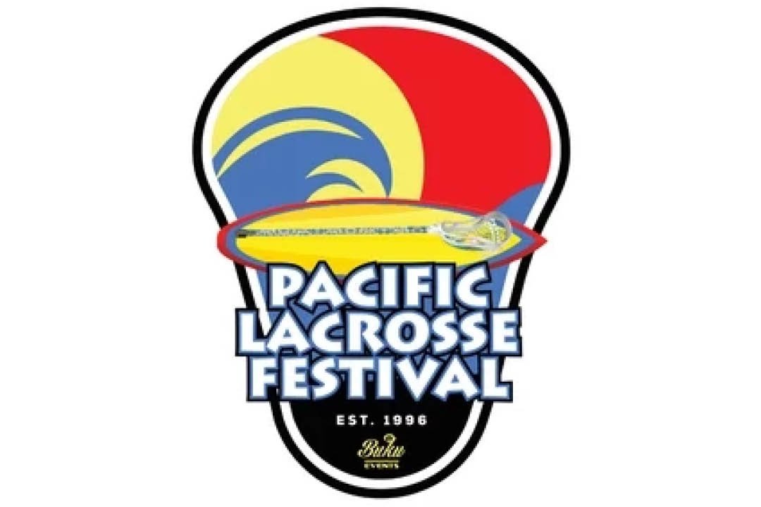 Logo for the Pacific Lacrosse Festival featuring a stylized lacrosse stick, the event name, and a sun and wave design, established in 1996.