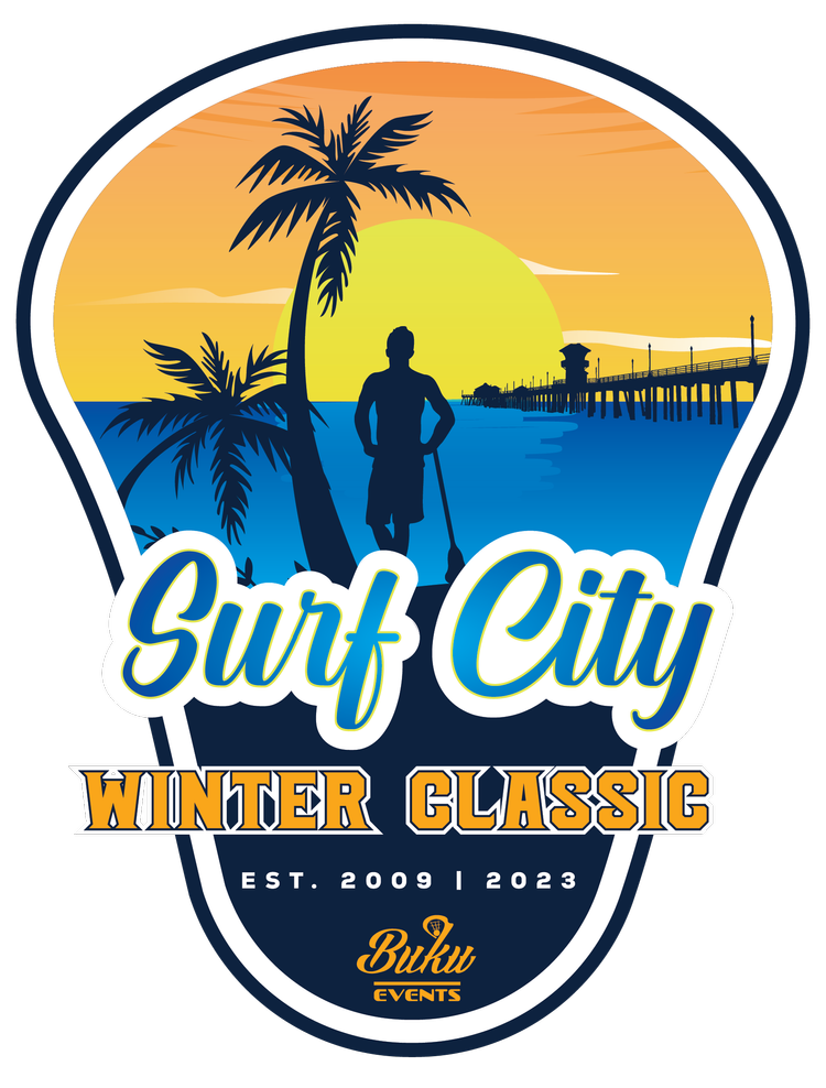 A graphic logo for Surf City Winter Classic event showing a silhouette of a man with a surfboard on a beach, palm trees, a pier, and a sunset, with text indicating it is a surfing event in Biku Events, established in 2009 and 2023.