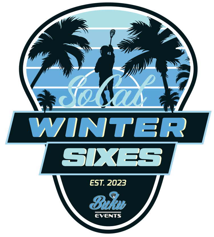 A logo for a social winter sports event featuring silhouette of a person with a lacrosse stick, surrounded by palm trees, with the text "Social Winter Sixes," "EST. 2023," and "Buku Events."