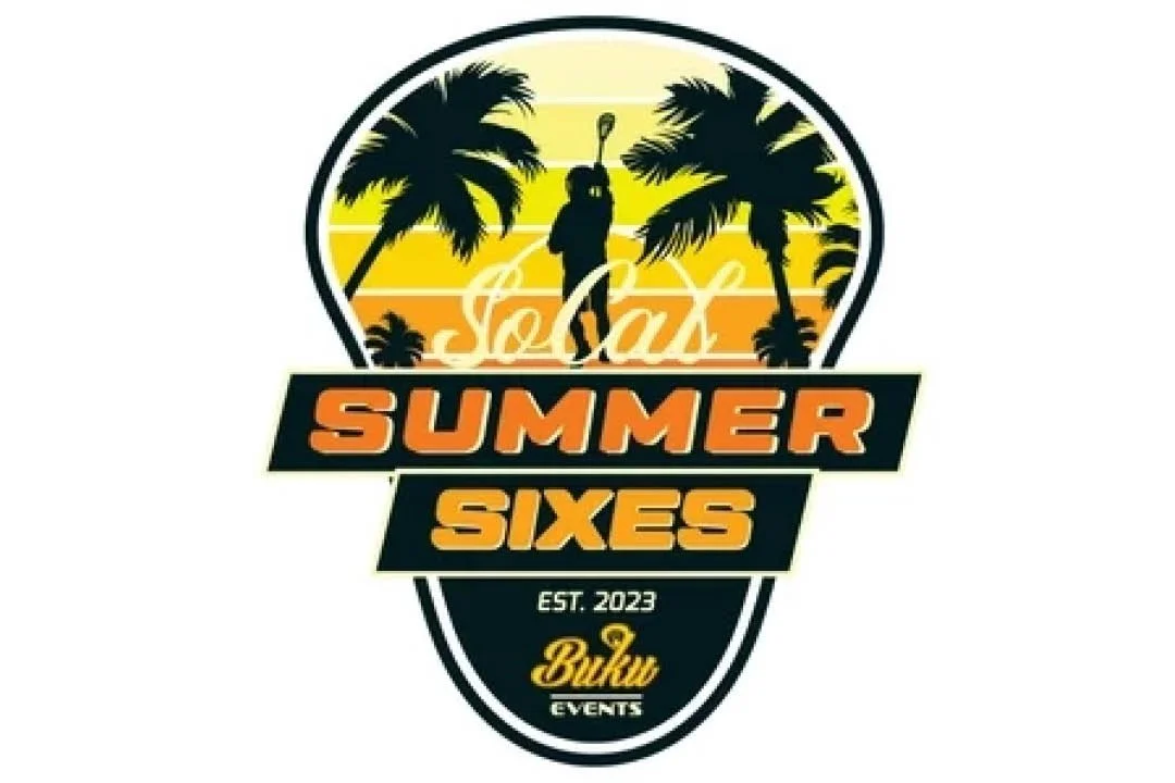 A logo with a sunset background featuring palm trees and a golfer silhouette, with the words 'Summer Sixes' and 'Baku Events,' established in 2023.