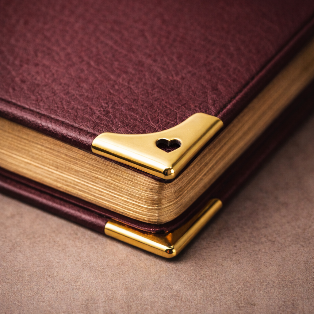 Close-up of a burgundy leather journal with gold corner protectors featuring heart-shaped cutouts.