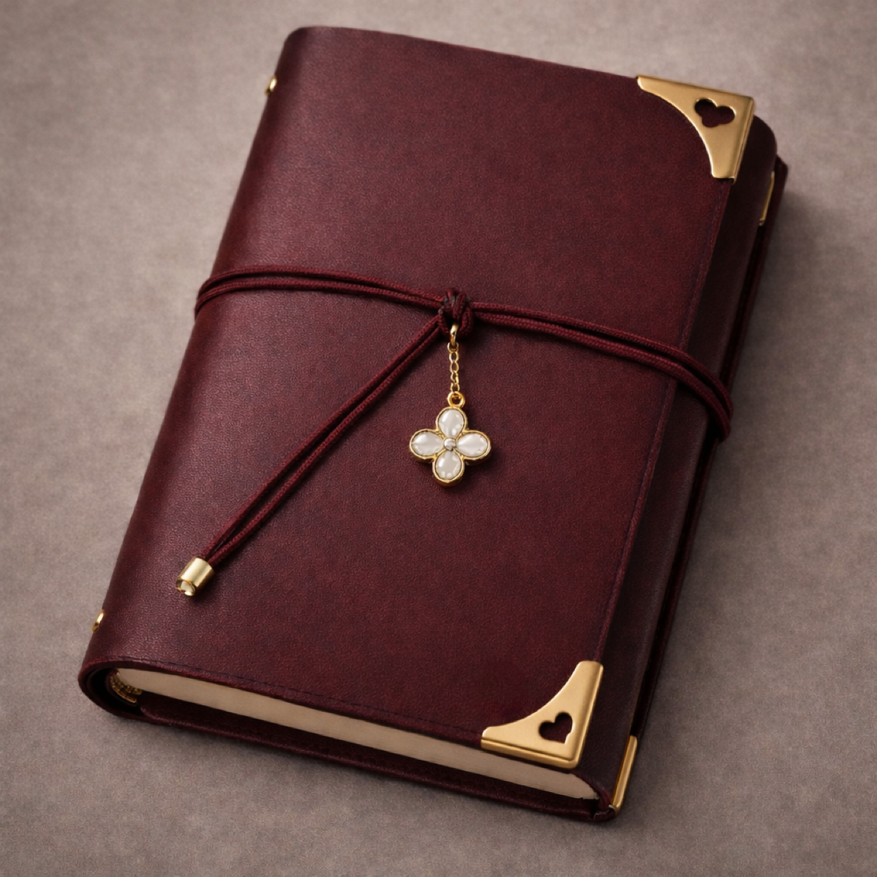 A closed burgundy leather planner with gold corner protectors and a decorative charm, secured with a matching burgundy elastic band.