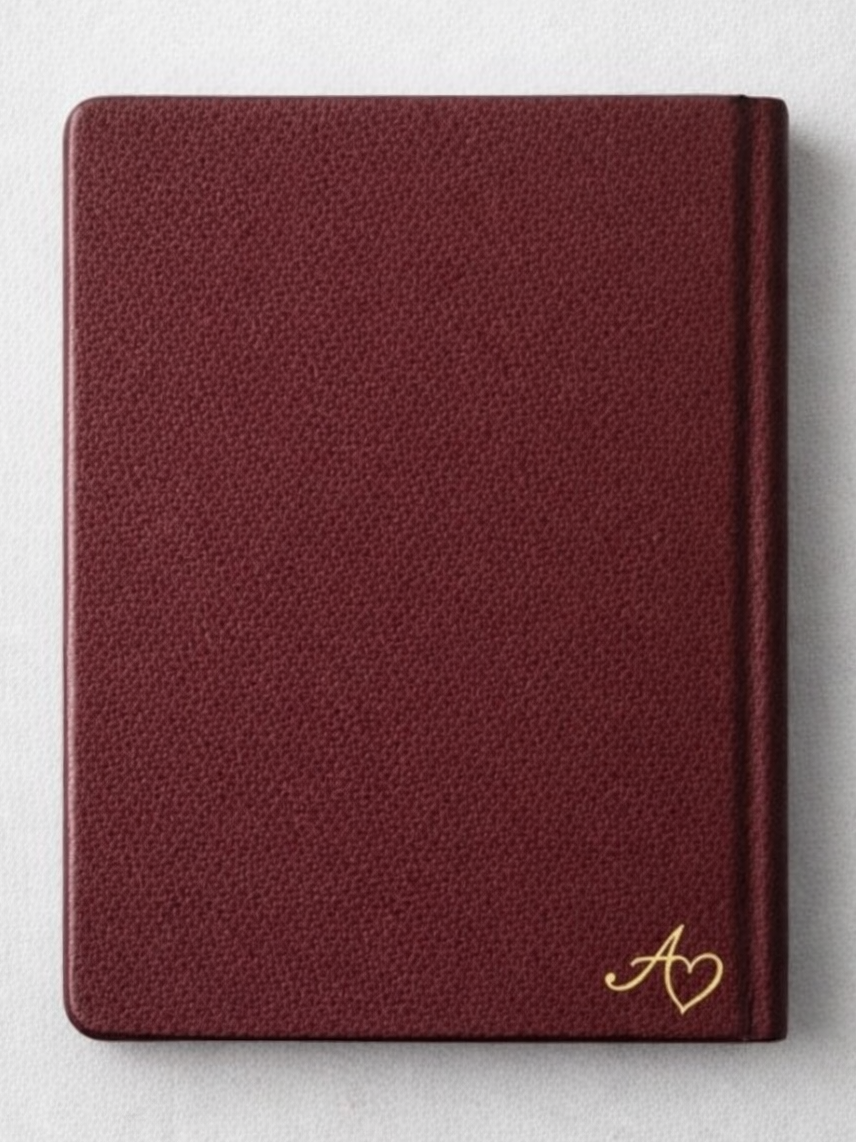A red textured notebook with a gold heart and initials "A" in the bottom right corner.