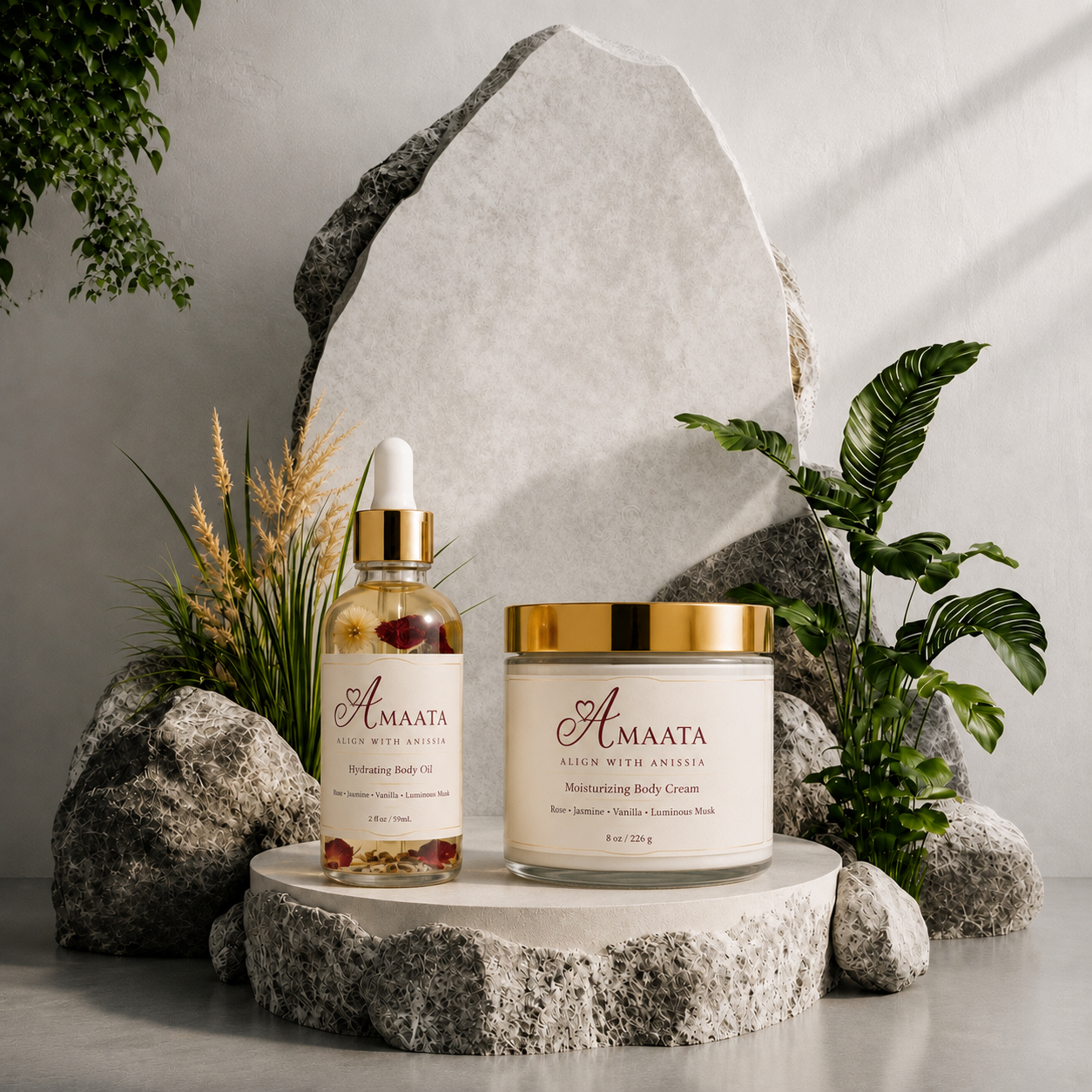AMAATA Hydrating Body Oil and Moisturizing Body Cream by Align With Anissia displayed with natural greenery, stone, and botanical accents.