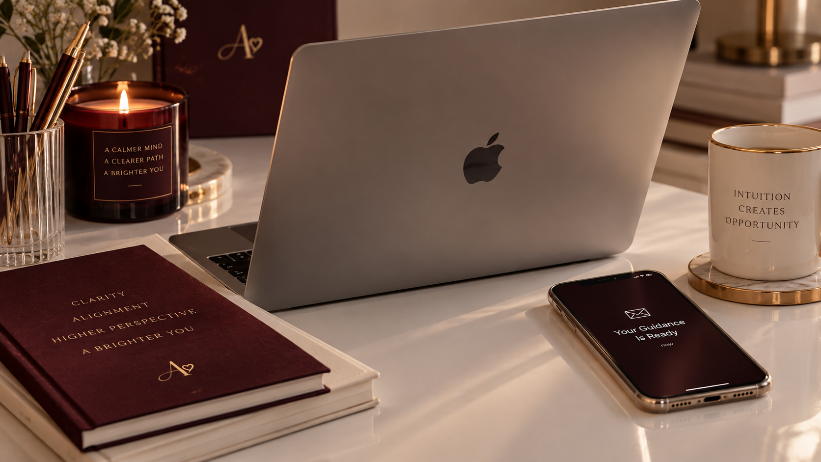 “Align With Anissia workspace featuring a laptop, burgundy notebook, candle and luxury desk accessories.”