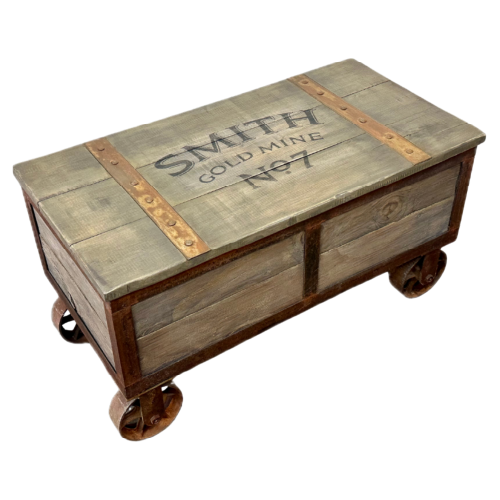 Wooden cart with metal accents, labeled "SMITH GOLD MINE 47" on the top