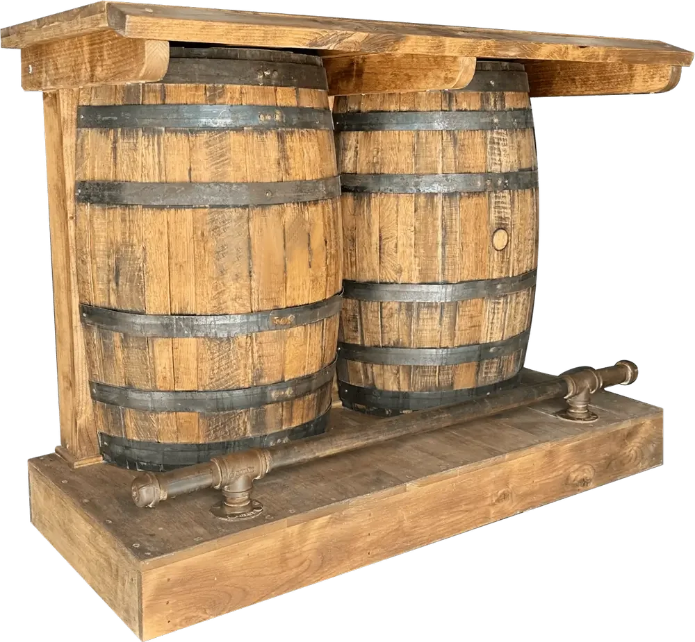 A rustic wooden bar with two large barrel-shaped containers made of wood and metal, connected by a pipe at the bottom, on a wooden platform.