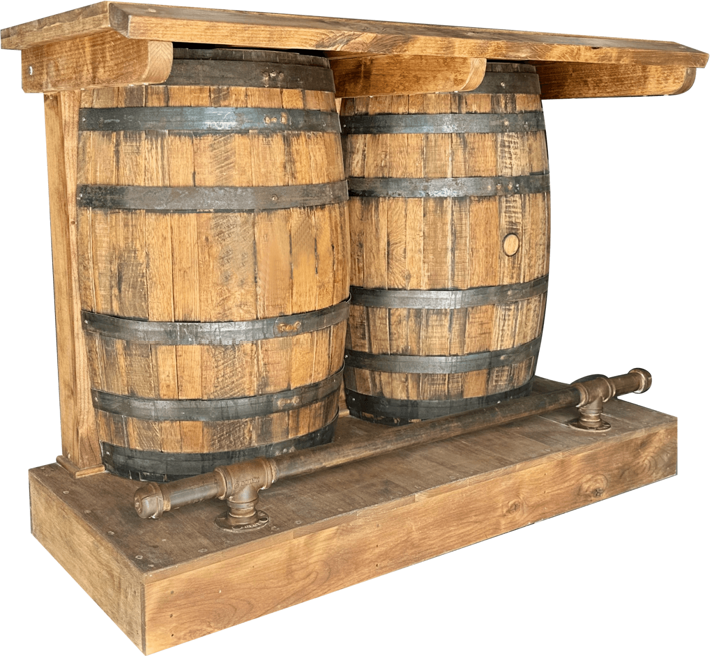 A rustic wooden water fountain with two large wooden barrels mounted on a wooden base, connected by a copper pipe.