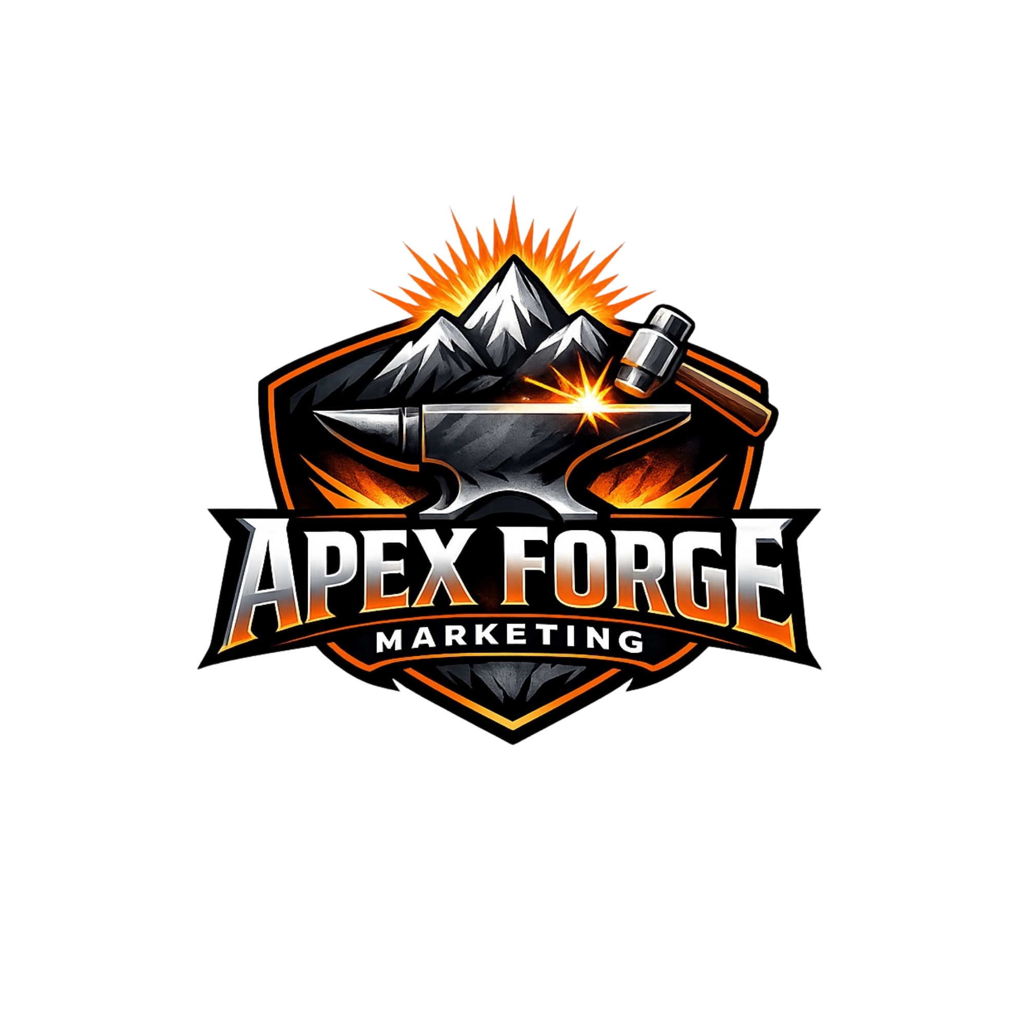 Logo for Apex Forge Marketing featuring a mountain, an anvil, a hammer, and sparks with bold text.