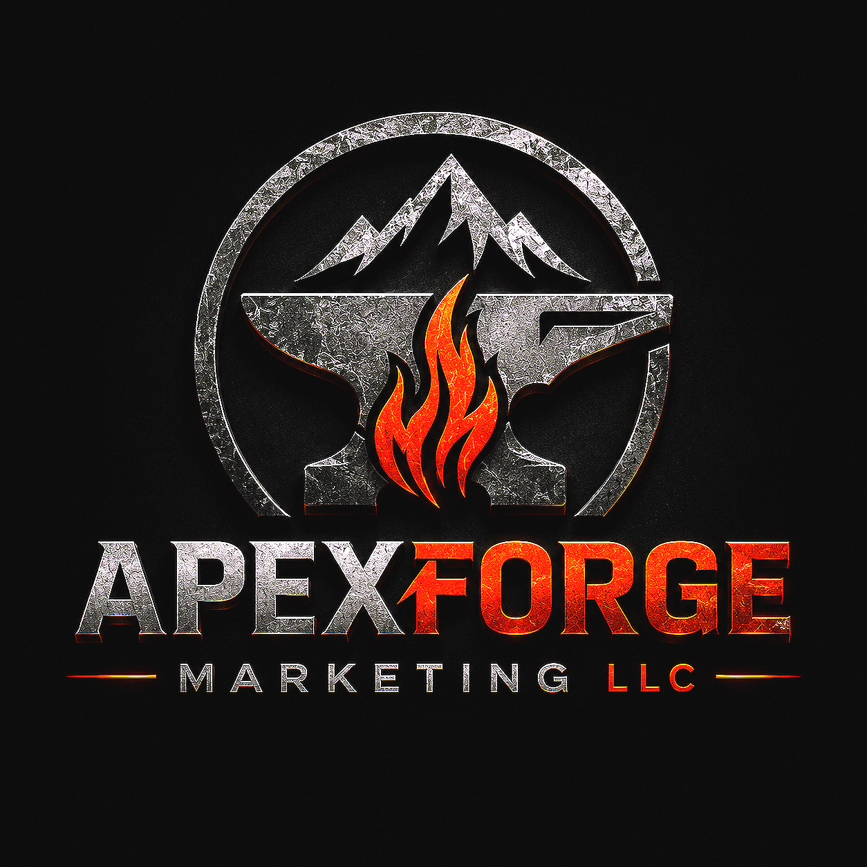 Logo of Apex Forge Marketing LLC featuring a stylized anvil with a mountain in the background and flames in front, with the company name in metallic and fiery red letters.
