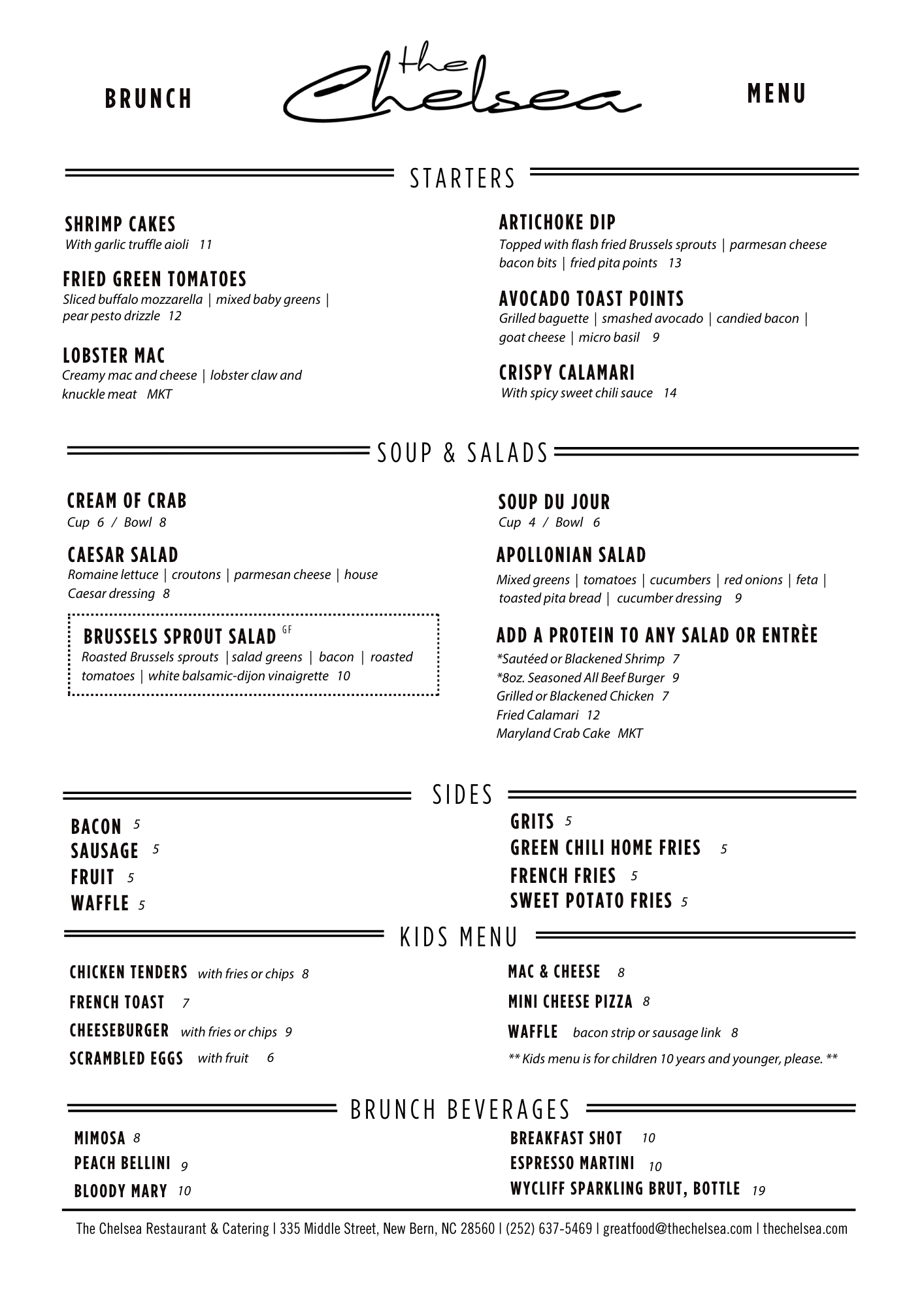 A brunch menu from The Chelsea restaurant and catering, located at 335 Middle Street, New Bern, NC. The menu features sections for starters, soup and salads, sides, kids menu, brunch beverages, and breakfast drinks, with item descriptions and prices listed.