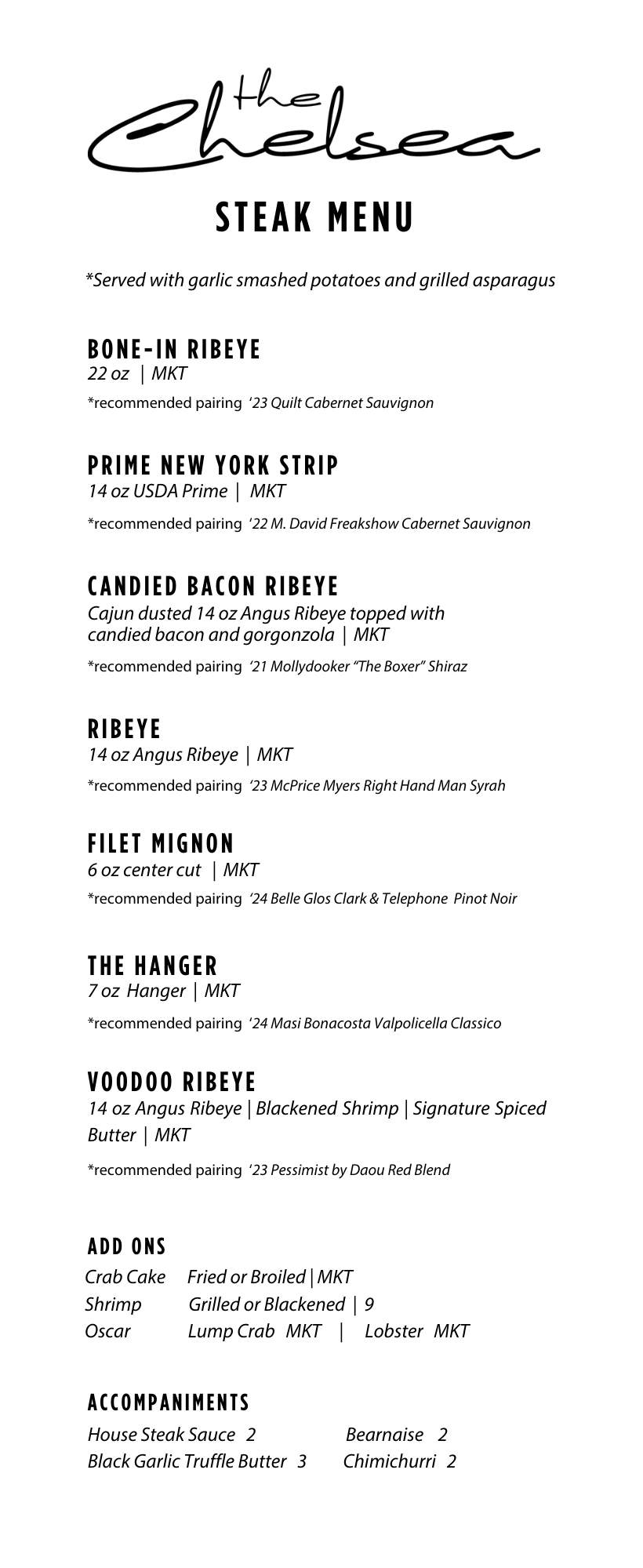 Restaurant steak menu titled 'The Chelsea' featuring various types of ribeye, filet mignon, hanger steak, and Voodoo ribeye, with options for add-ons and accompaniments.