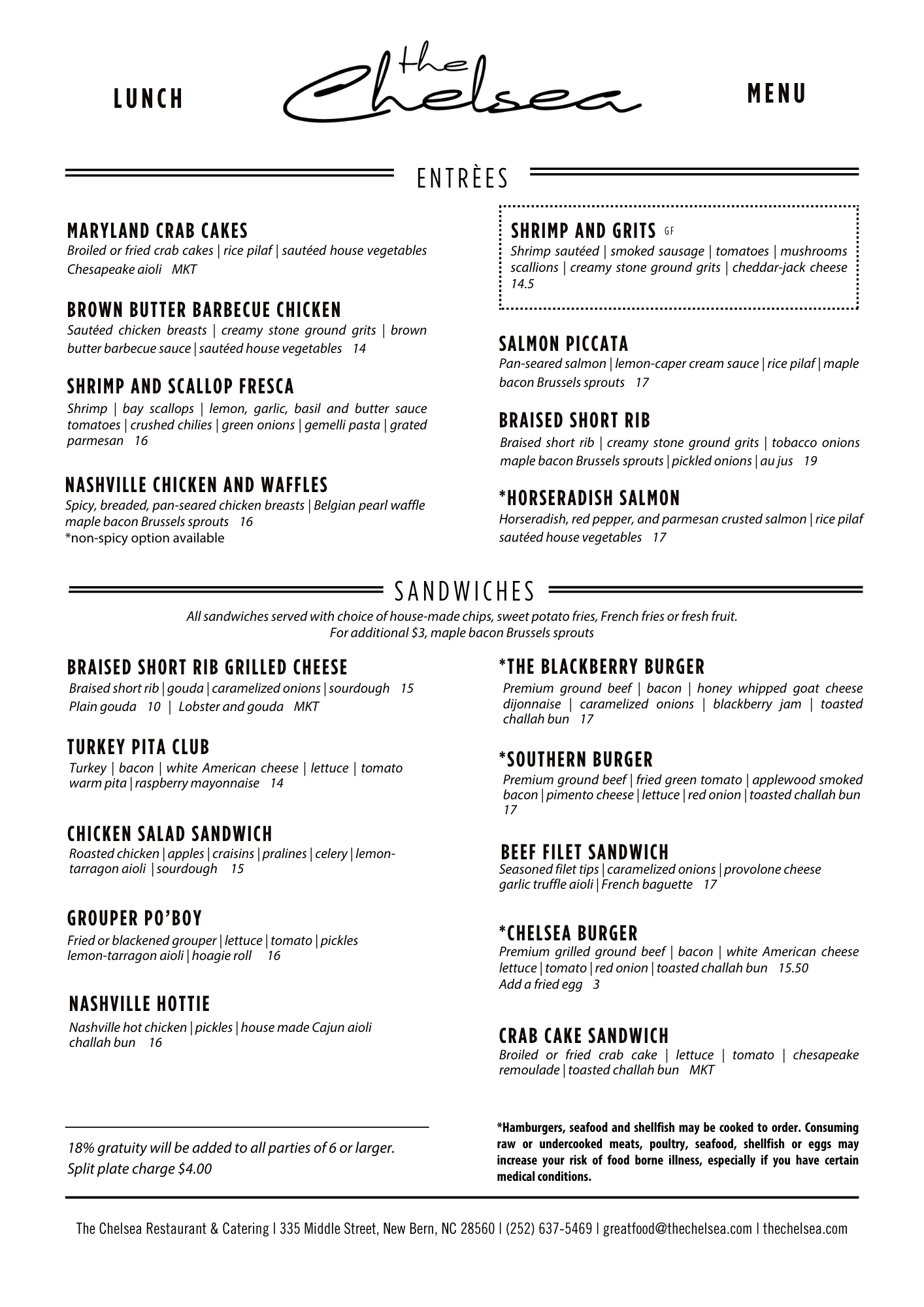Sample lunch menu from the Chelsea restaurant, listing various appetizer and sandwich options, including crab cake sandwich, burgers, and chicken salads, with prices and descriptions.