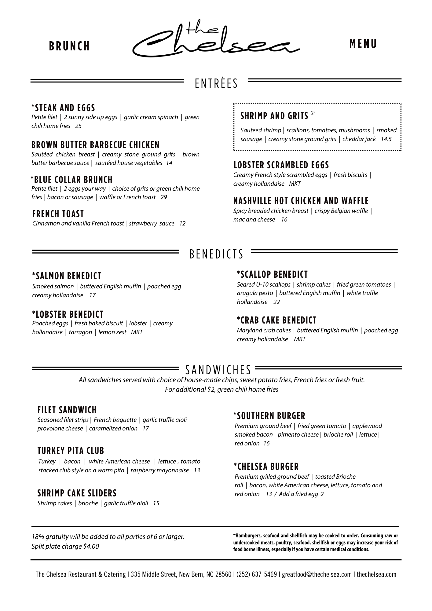 This image shows a menu from The Chelsea restaurant, listing various brunch options including entrees and sandwiches, with descriptions and prices.