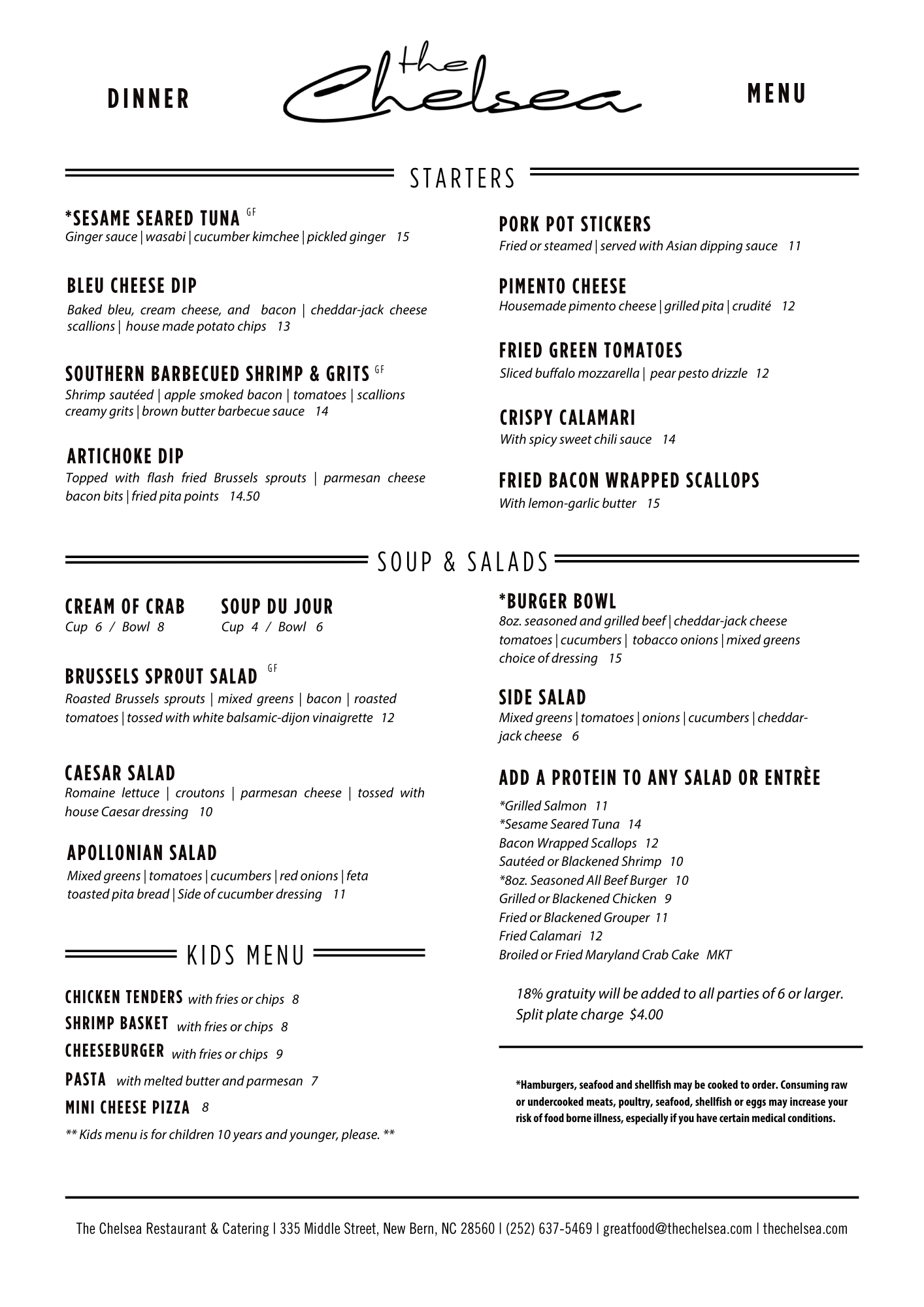 Menu from The Chelsea restaurant showing various starters, soups, salads, kids menu, and additional options. The menu is primarily black text on a white background with elegant headers and separators.