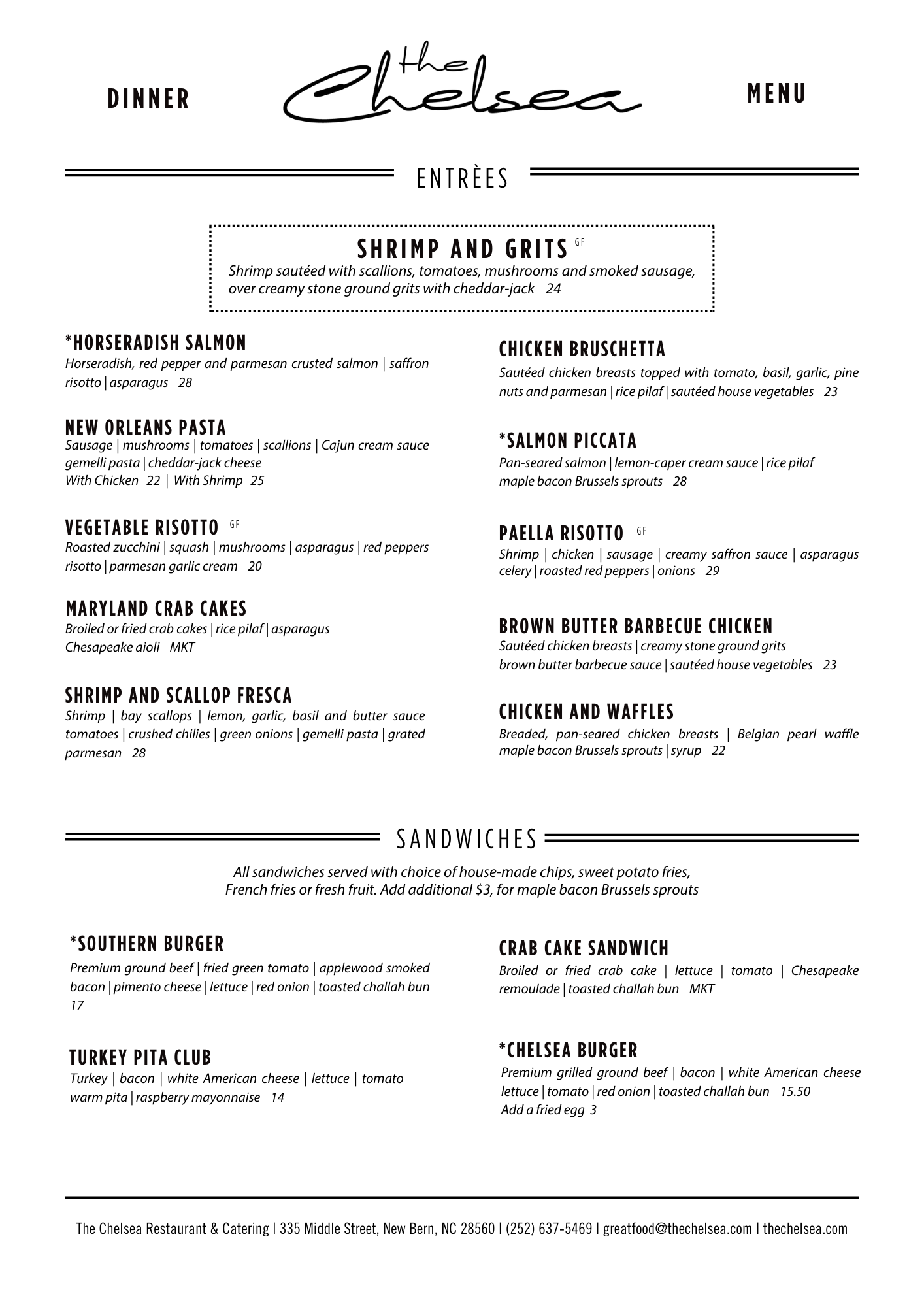 Menu from The Chelsea restaurant featuring various entrees and sandwiches, including shrimp and grits, salmon piccata, crab cake sandwich, and Chelsea burger.