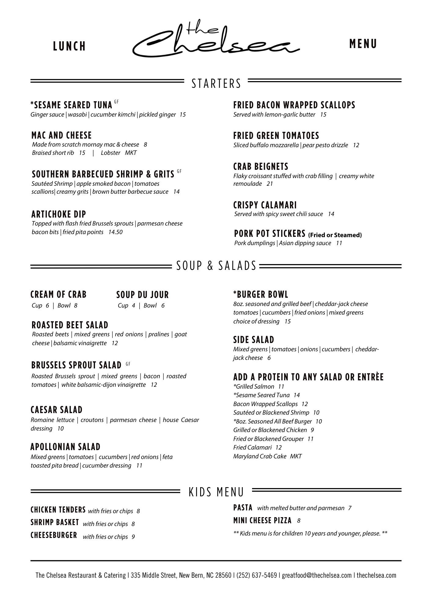 Menu from The Chelsea Restaurant & Catering listing various lunch starters, soups, salads, kids' menu, and prices.