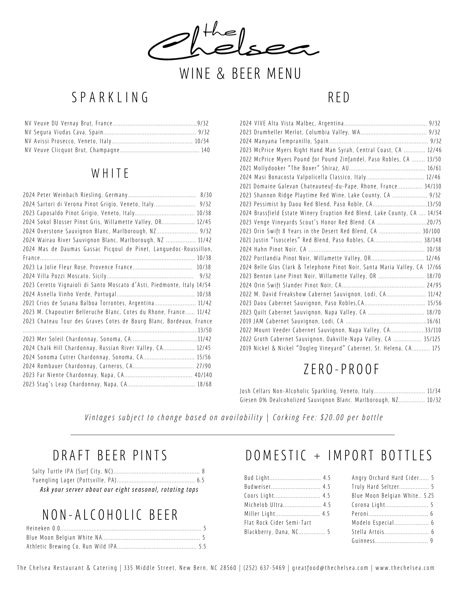 Wine and beer menu from Chelsea Restaurant featuring sparkling, white, red wines, draft beer pints, domestic and import bottles, and non-alcoholic beverages.