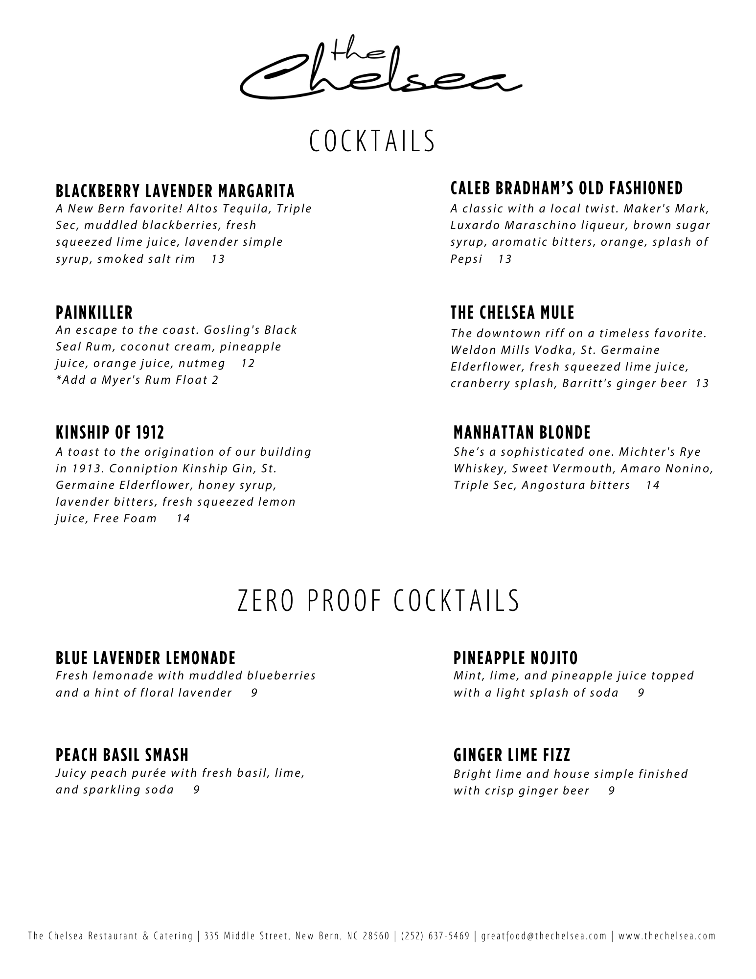 Menu page titled "the Chelsea COCKTAILS" featuring a selection of zero proof cocktails including Blackberry Lavender Margarita, Caleb Bradham’s Old Fashioned, Painkiller, The Chelsea Mule, Blue Lavender Lemonade, Pineapple Nojito, Peach Basil Smash, and Ginger Lime Fizz, with descriptions and prices.