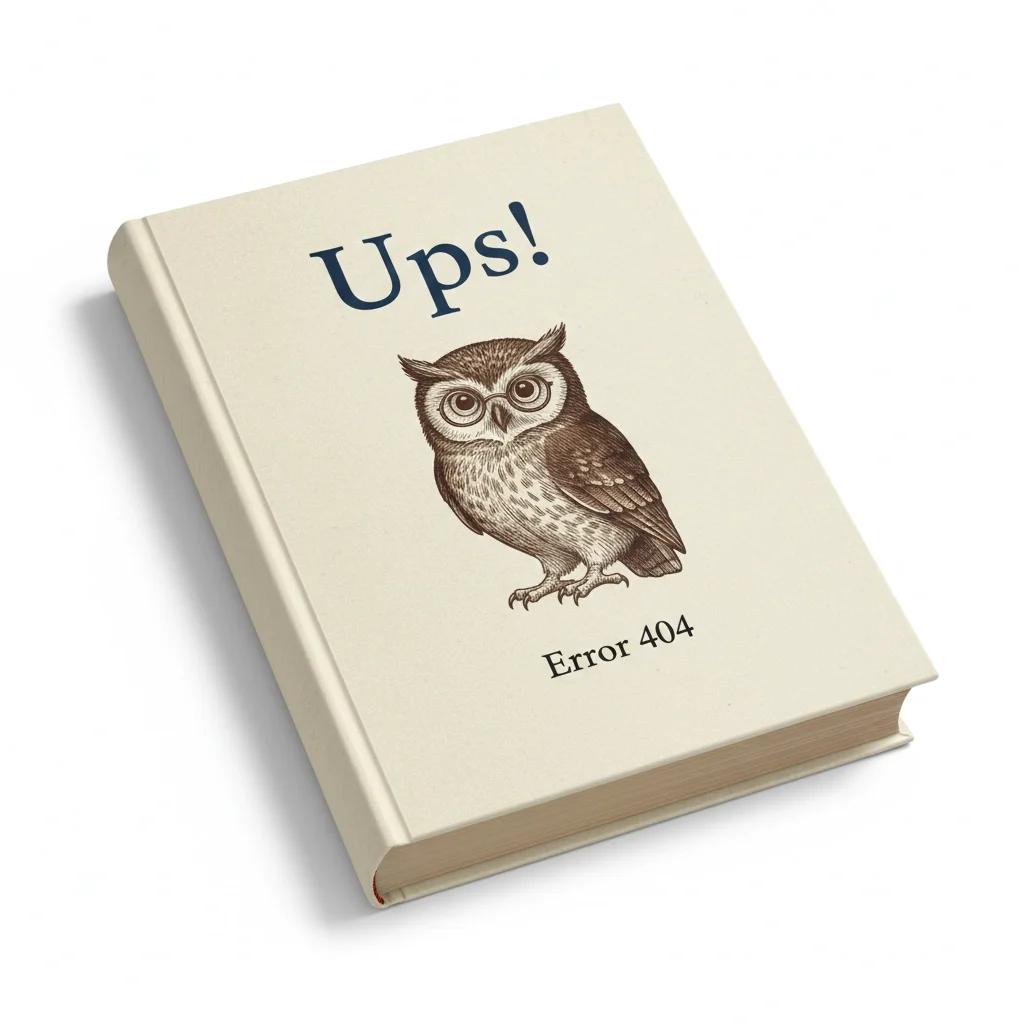 A white hardcover book with an illustration of an owl wearing glasses and the title 'Ups! Error 404' on the cover.