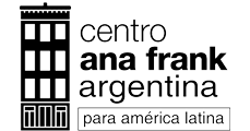 Logo of Centro Ana Frank Argentina with an outline of a building, and text in Spanish that reads 'para América Latina'
