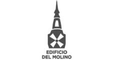 Illustration of the Edificio Edificio Molino, a tall building with a spire, in black and white.