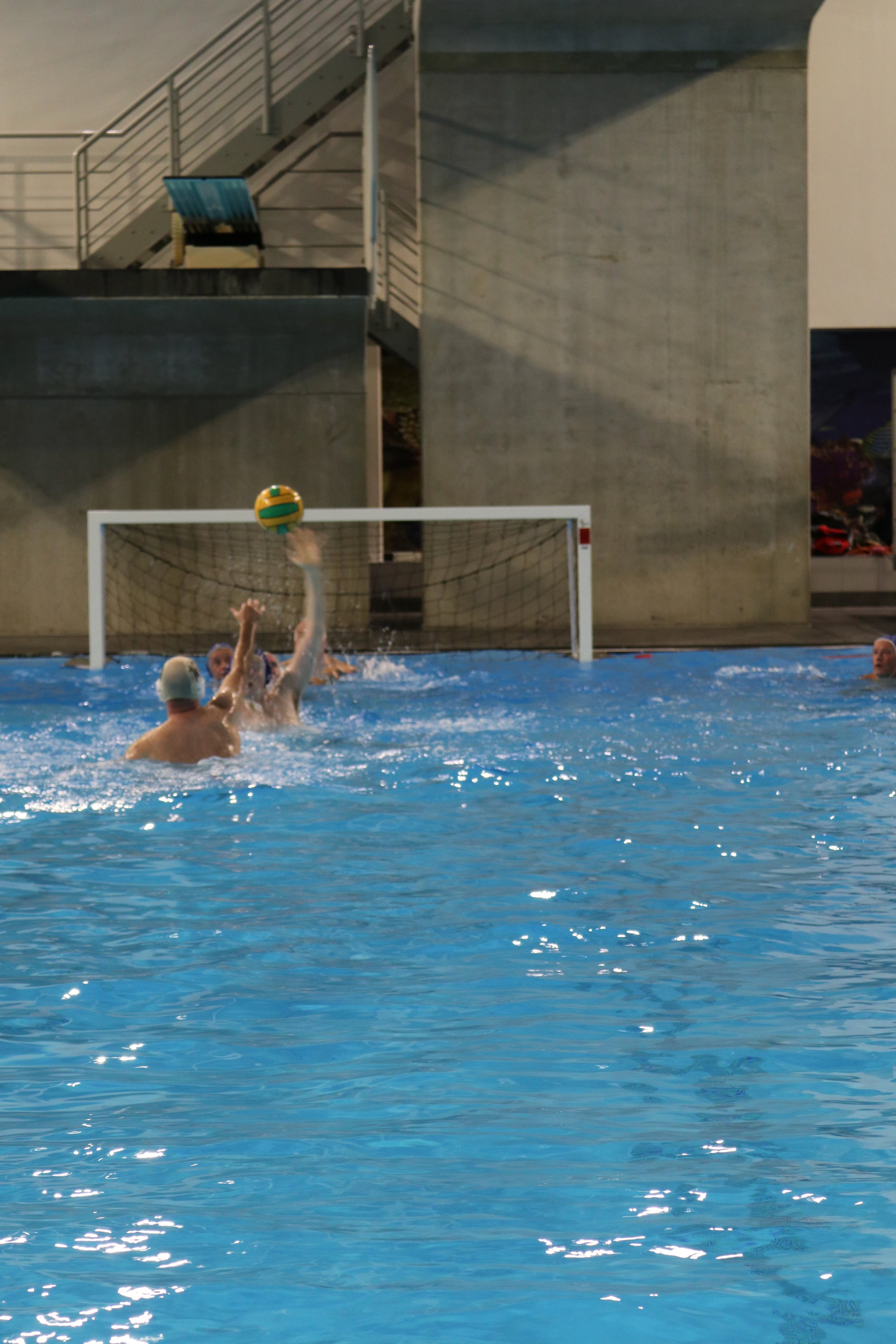 Water polo game in an indoor swimming pool with players reaching for the ball near the goal.