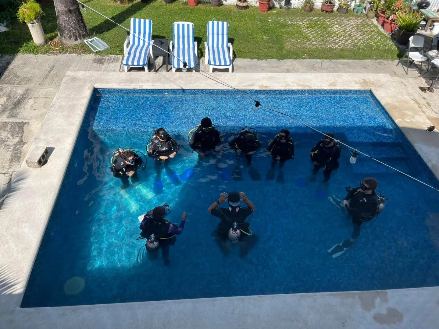 Group of people in scuba gear standing in a swimming pool during a training session.  Cozumel Scuba Diving Dive with k8