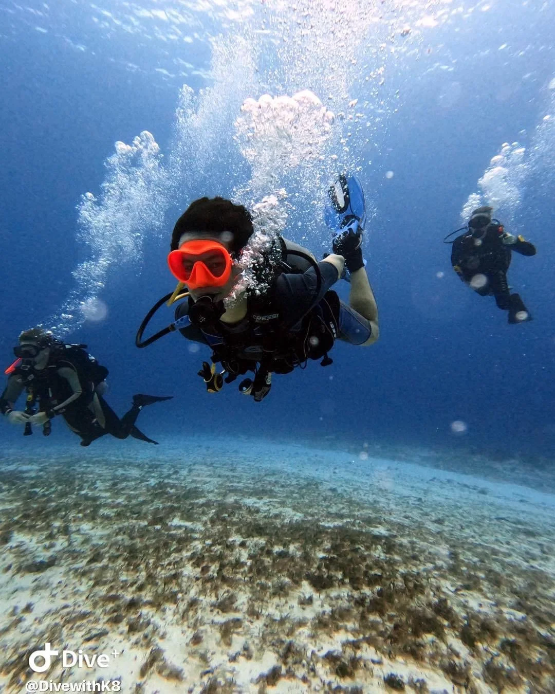 Three scuba divers swimming underwater over a coral reef.  Cozumel Scuba Diving Dive with k8