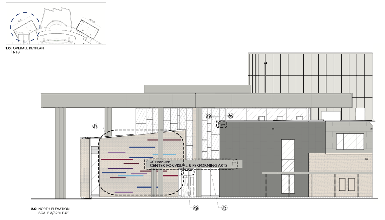 Architectural drawing of the Arlington ISD Center for Visual & Performing Arts, showing the north elevation view with labeled measurements and a key plan of the overall building layout.