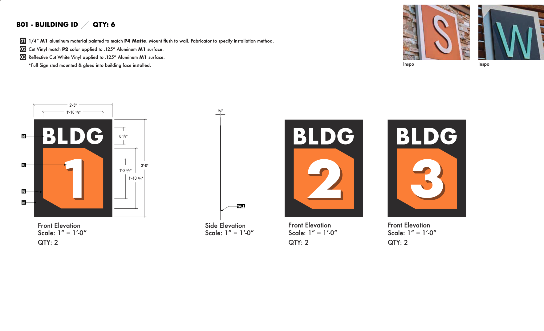 Design plan for building signage displaying three variations of a building identification sign with numbers 1, 2, and 3, featuring black backgrounds, orange parallelograms, and white 3D numbers, along with detailed dimensions and material specificati